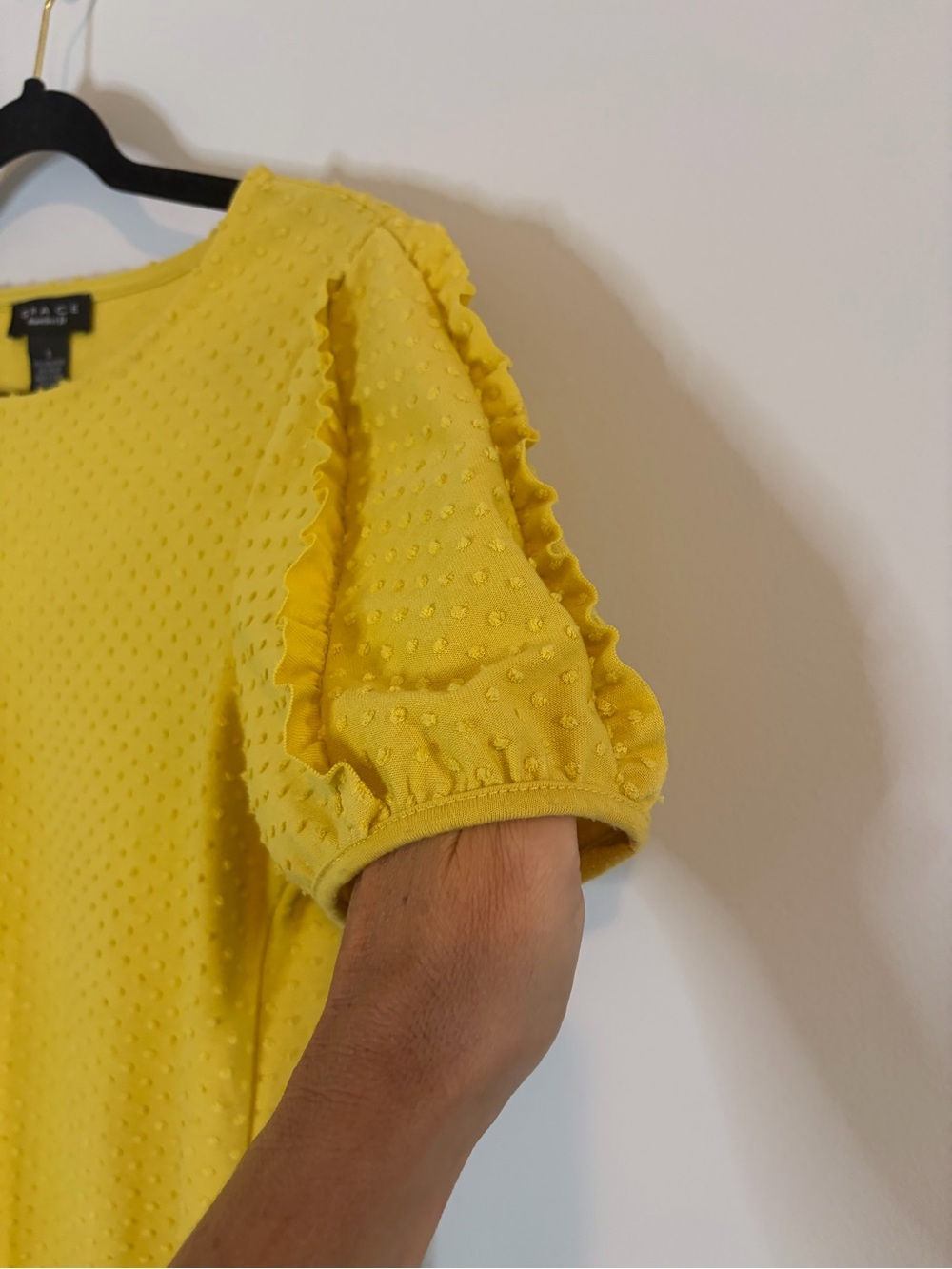 Grace Yellow Dot-Textured Puff Sleeve with ruffles blouse workwear - Picture 2 of 6